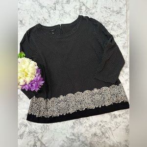 Talbots Ponte Knit Top Petite XL  Black Off-White Dot Lace Print 3/4 Sleeve   39